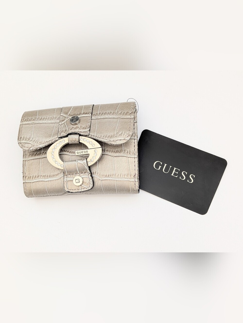 GUESS Croc-Embossed Wallet in Metallic Taupe/Bronze w/Silver Logo & Rhinestones